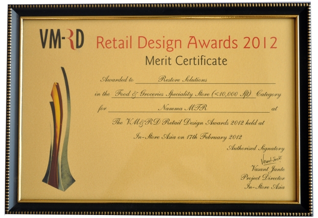 VMRD RETAIL DESIGN AWARD 2012- BEST FOOD & GROCERIES - SPECIALTY STORE – NAMMA MTR